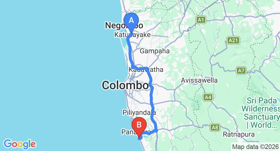 Driving route map: Colombo Airport (CMB) to Blue Spring Hotel, Wadduwa (77 km, approx 1 h 25 min private transfer)