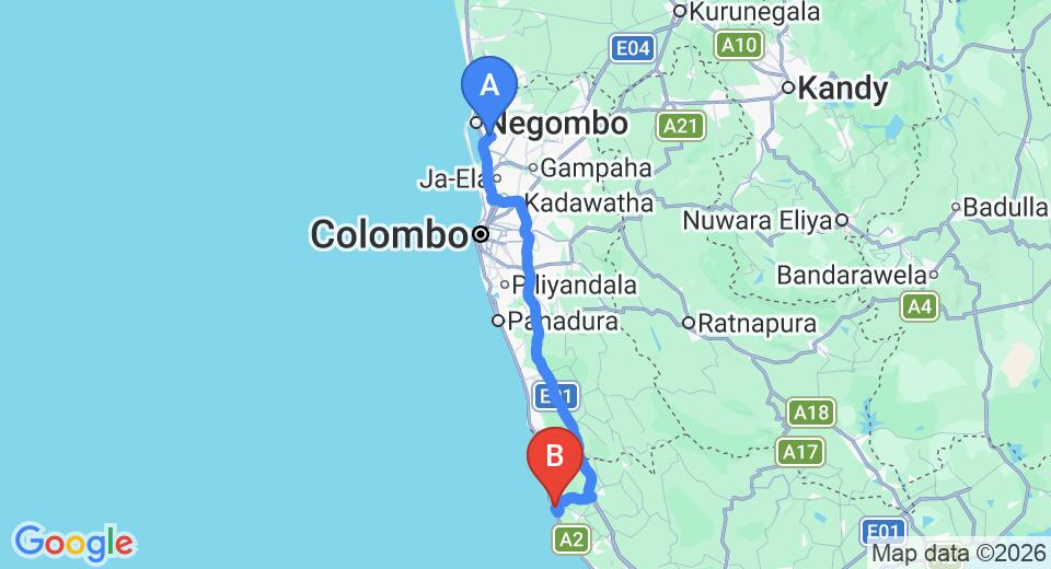 Driving route map: Colombo Airport (CMB) to Hotel Dream Beach Resort, Ambalangoda (133 km, approx 2 h 6 min private transfer)