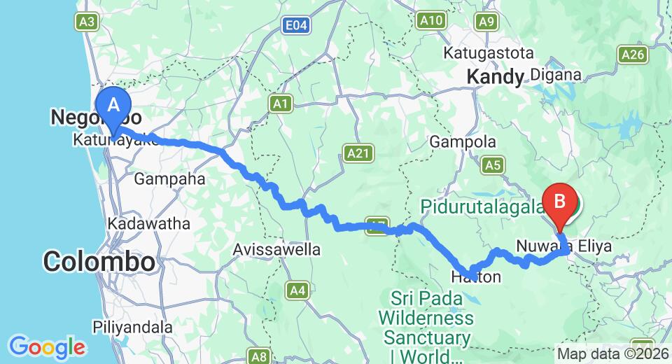 Driving route map: Colombo Airport (CMB) to Pigeons Nest, Nuwara Eliya (156 km, approx 4 h 52 min private transfer)