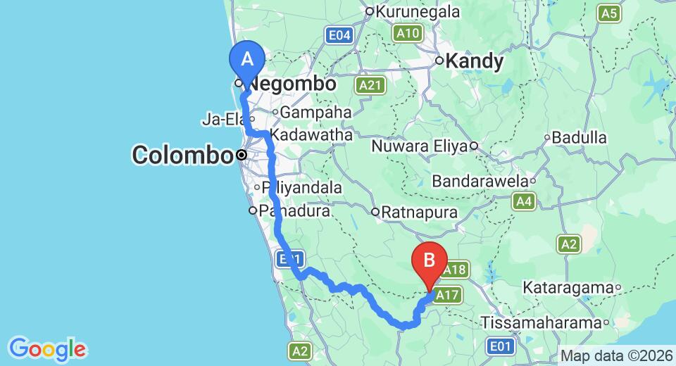 Driving route map: Colombo Airport (CMB) to The Rainforest Ecolodge - Sinharaja, Deniyaya (201 km, approx 4 h 34 min private transfer)