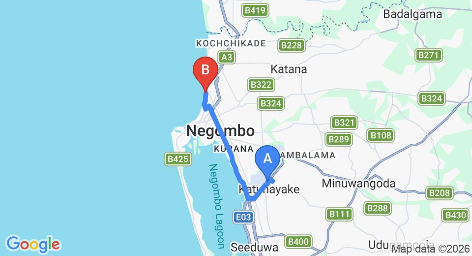Driving route map: Colombo Airport (CMB) to Paradise Beach Hotel, Negombo (13 km, approx 30 min private transfer)
