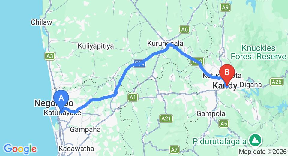 Driving route map: Colombo Airport (CMB) to Lake View Rest, Kandy (115 km, approx 2 h 55 min private transfer)