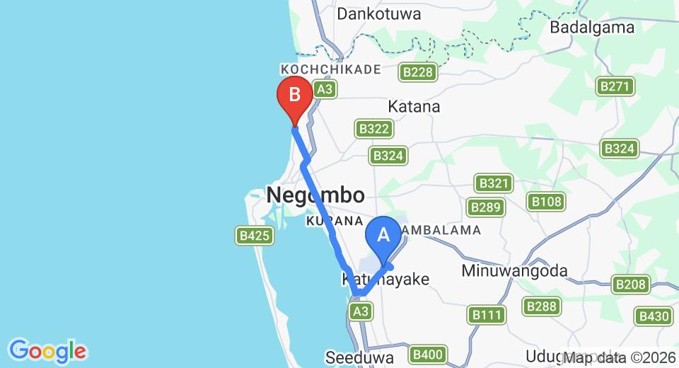 Driving route map: Colombo Airport (CMB) to Sea Garden Hotel, Negombo (13 km, approx 30 min private transfer)