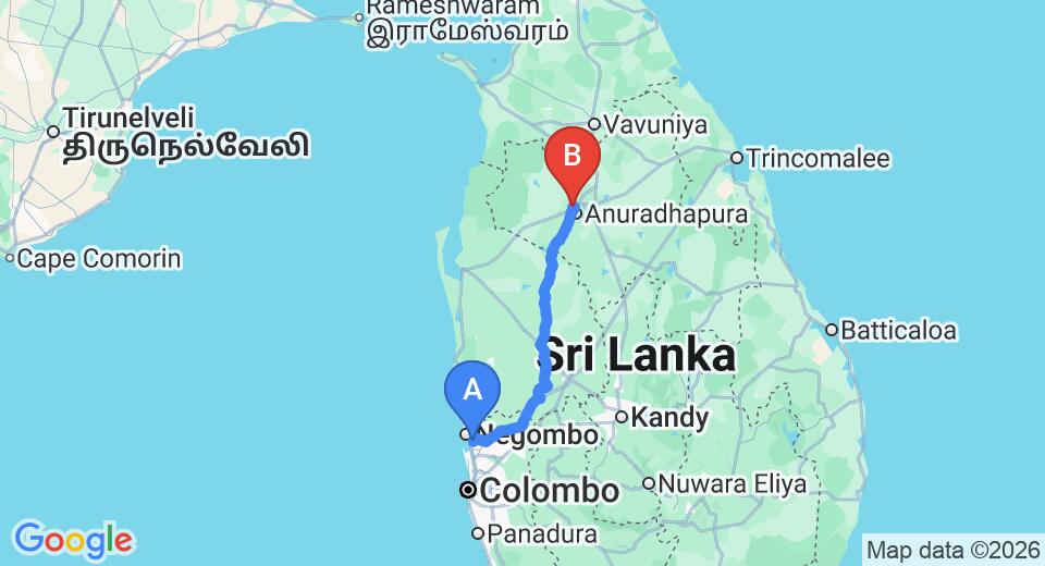 Driving route map: Colombo Airport (CMB) to Boa Vista Guest House, Anuradhapura (175 km, approx 3 h 46 min private transfer)