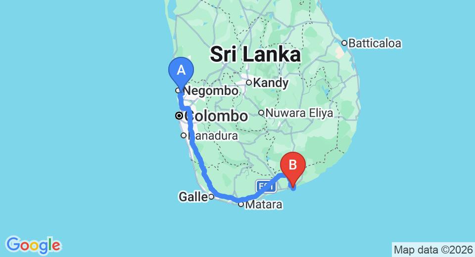 Driving route map: Colombo Airport (CMB) to Oasis Aramaya Ayurveda Resort, Hambantota (269 km, approx 3 h 27 min private transfer)