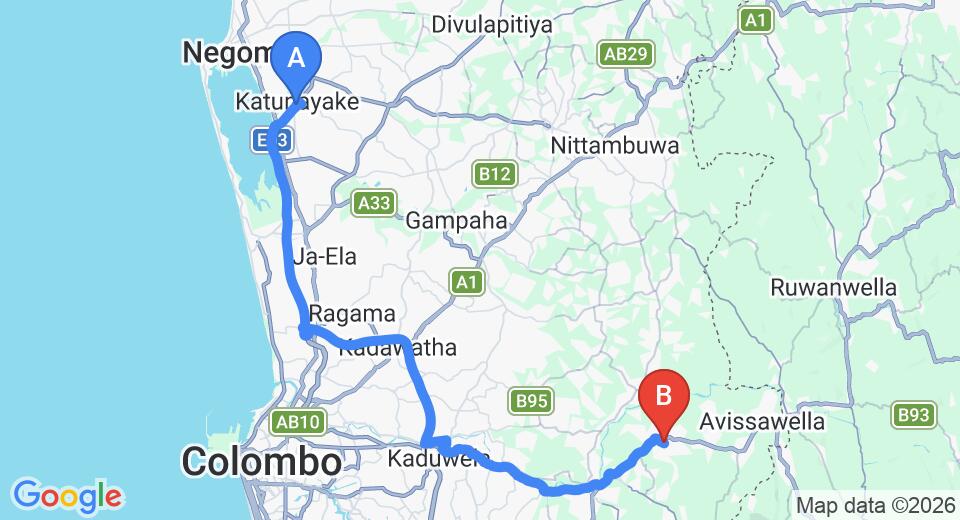 Driving route map: Colombo Airport (CMB) to Kosgama (60 km, approx 1 h 20 min private transfer)