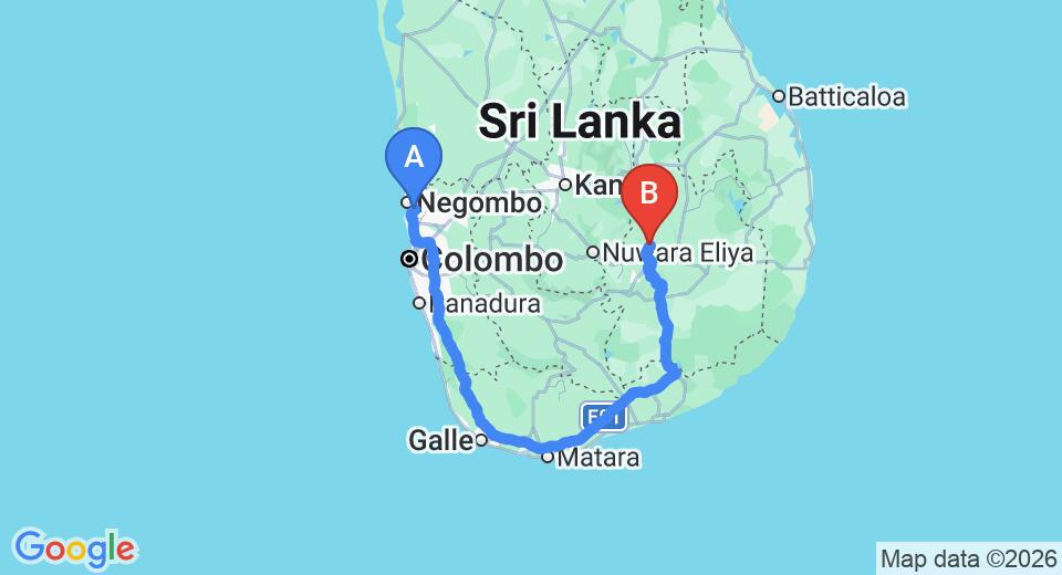 Driving route map: Colombo Airport (CMB) to The Heritage Grand, Badulla (355 km, approx 5 h 34 min private transfer)