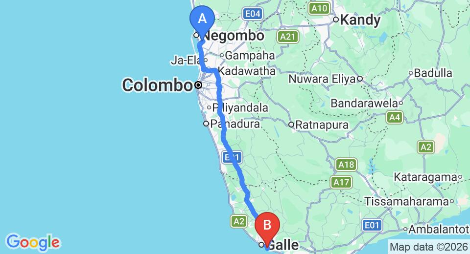 Driving route map: Colombo Airport (CMB) to Hotel Flower Garden, Unawatuna (152 km, approx 2 h 7 min private transfer)