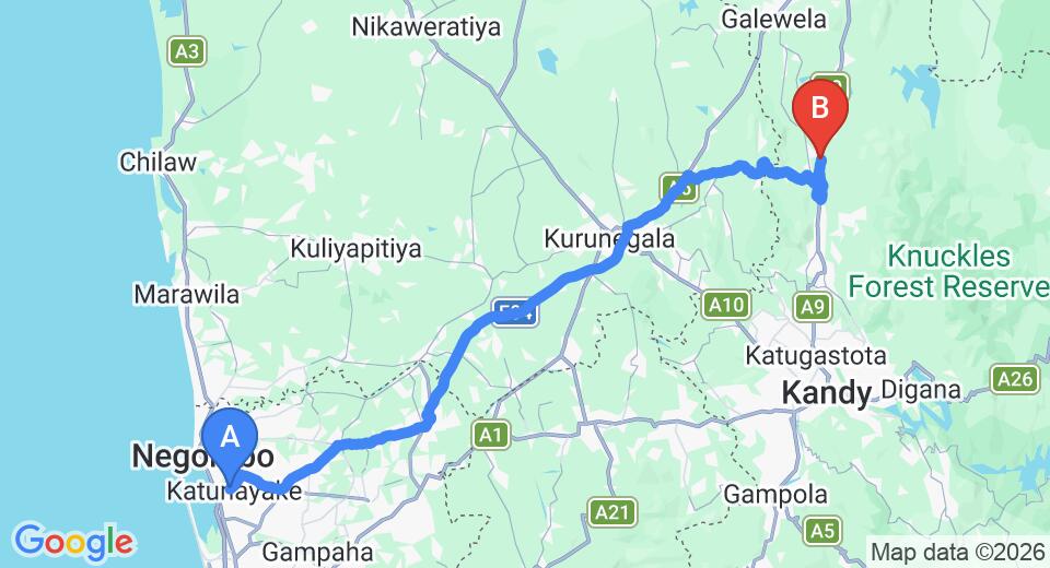 Driving route map: Colombo Airport (CMB) to Paramount 200 Spice Garden, Matale (122 km, approx 2 h 46 min private transfer)