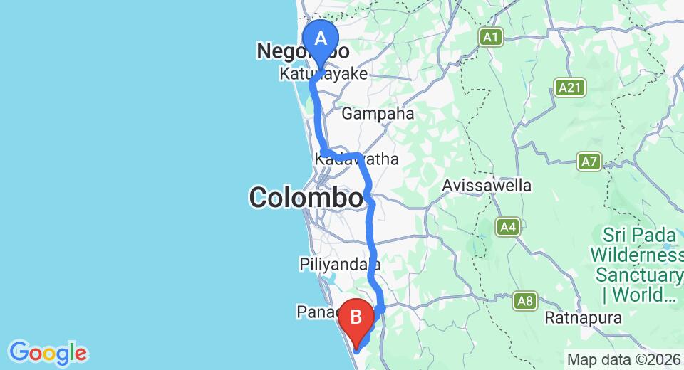 Driving route map: Colombo Airport (CMB) to Wild Sands, Wadduwa (77 km, approx 1 h 19 min private transfer)
