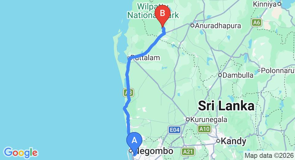Driving route map: Colombo Airport (CMB) to Aanawila By Wilderness, Wilpattu (156 km, approx 3 h 37 min private transfer)