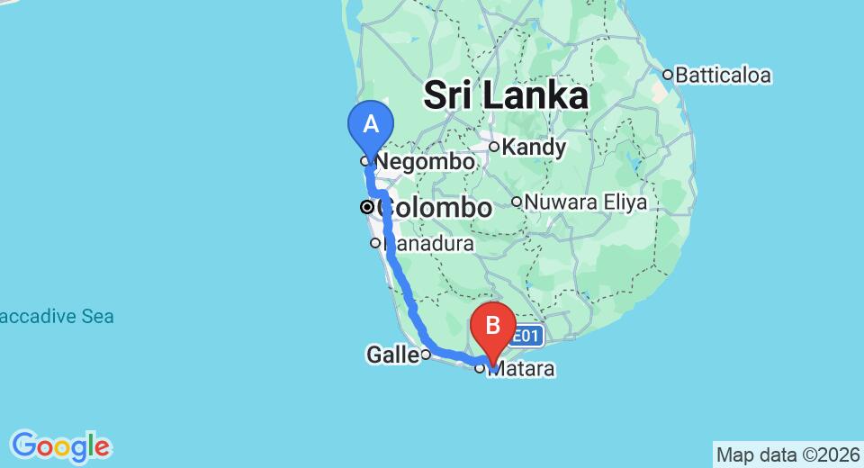 Driving route map: Colombo Airport (CMB) to Talalla House, Talalla (196 km, approx 2 h 44 min private transfer)