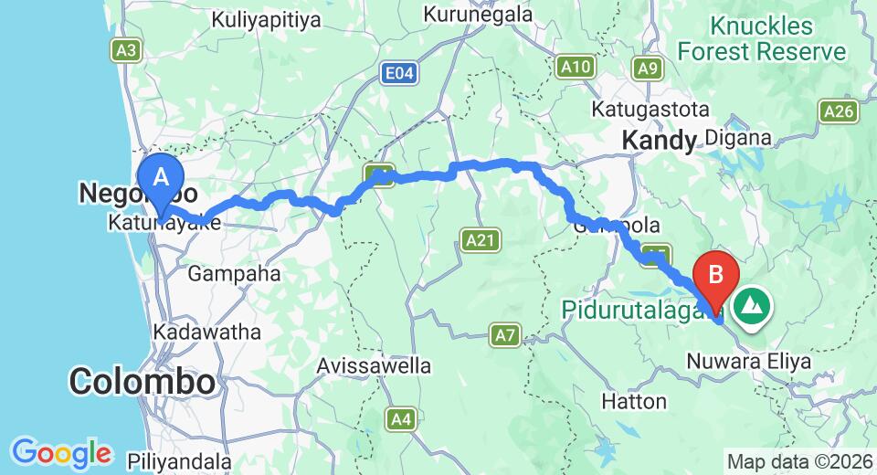 Driving route map: Colombo Airport (CMB) to Taprospa Labookellie Villa, Nuwara Eliya (150 km, approx 4 h 35 min private transfer)