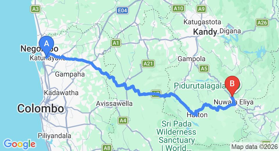 Driving route map: Colombo Airport (CMB) to Rising Lion Hotel, Nuwara Eliya (156 km, approx 4 h 53 min private transfer)