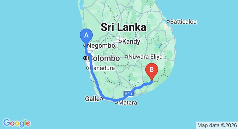 Driving route map: Colombo Airport (CMB) to Kataragama Villa, Kataragama (285 km, approx 3 h 45 min private transfer)