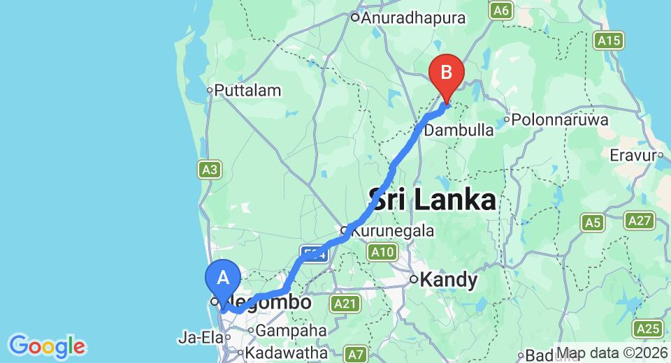 Driving route map: Colombo Airport (CMB) to Back of Beyond - Pidurangala, Sigiriya (148 km, approx 3 h 17 min private transfer)