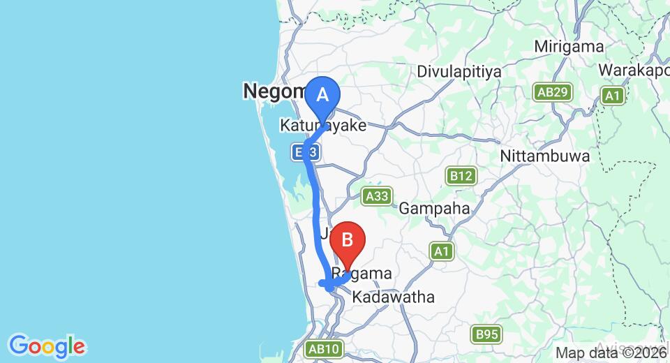 Driving route map: Colombo Airport (CMB) to Natures Bliss Holidays, Walisara (25 km, approx 33 min private transfer)
