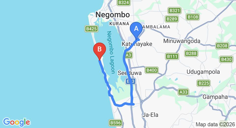 Driving route map: Colombo Airport (CMB) to Saketha Beach, Negombo (23 km, approx 34 min private transfer)