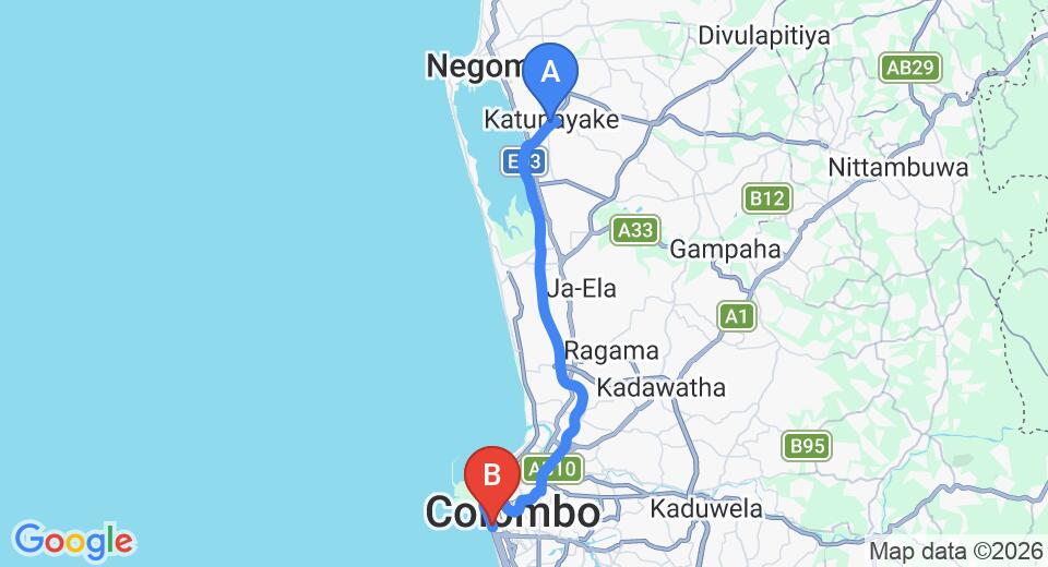 Driving route map: Colombo Airport (CMB) to Crescat Apartments, Colombo (36 km, approx 48 min private transfer)