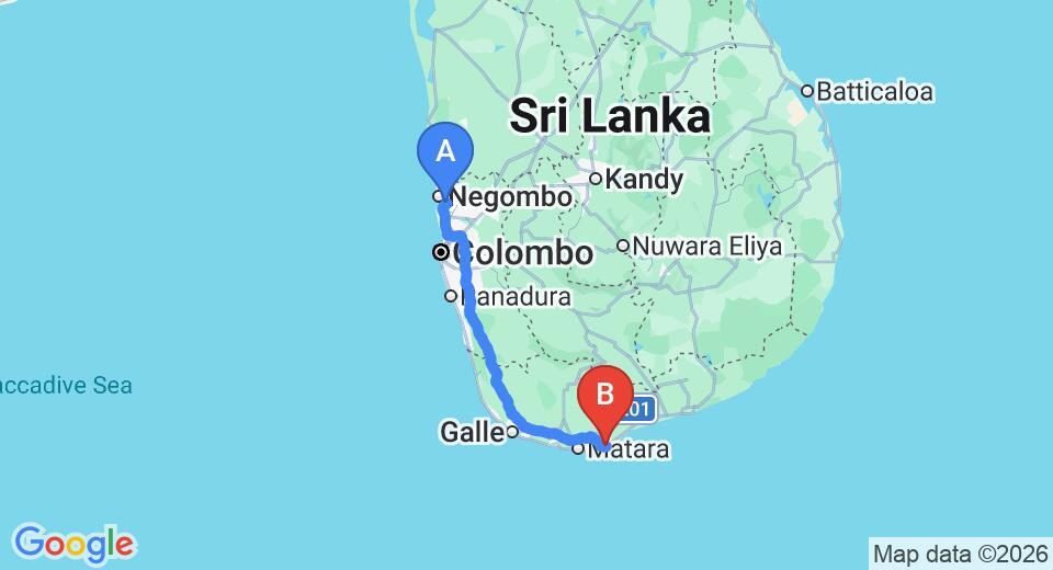 Driving route map: Colombo Airport (CMB) to Dikwella Resort & Spa, Dikwella (198 km, approx 2 h 48 min private transfer)