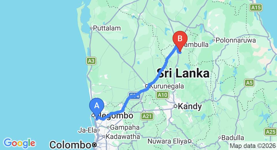 Driving route map: Colombo Airport (CMB) to MPS Village, Dambulla (137 km, approx 3 h 0 min private transfer)