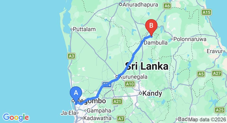 Driving route map: Colombo Airport (CMB) to The Elephant Corridor, Sigiriya (147 km, approx 3 h 15 min private transfer)
