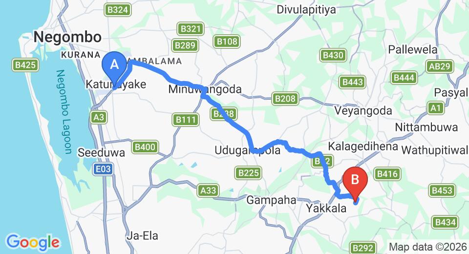 Driving route map: Colombo Airport (CMB) to The Private Cottage, Yakkala (28 km, approx 57 min private transfer)