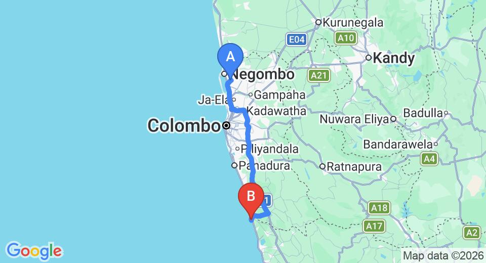 Driving route map: Colombo Airport (CMB) to Ayurveda Walauwa, Bentota (108 km, approx 1 h 42 min private transfer)
