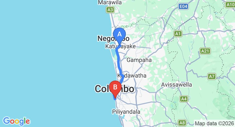 Driving route map: Colombo Airport (CMB) to AV 15, Wellawatte (39 km, approx 58 min private transfer)