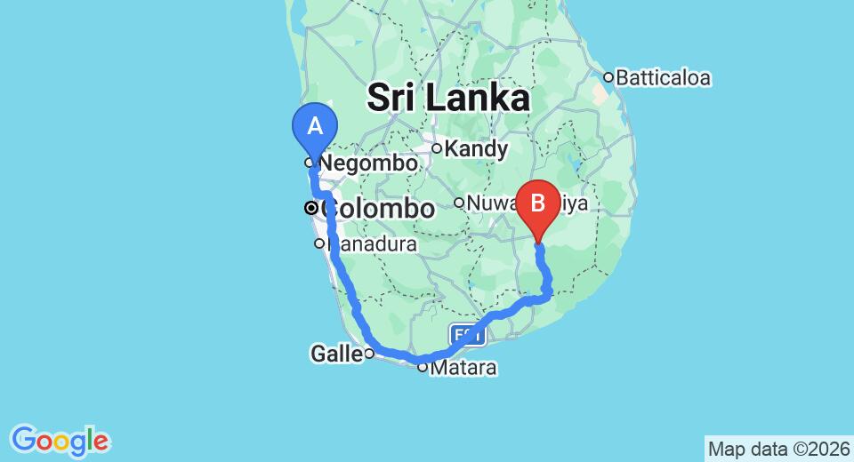 Driving route map: Colombo Airport (CMB) to Galapita Sanctuary, Buttala (320 km, approx 4 h 22 min private transfer)
