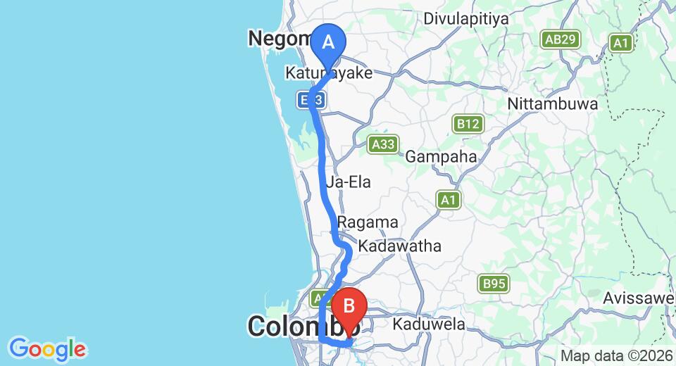 Driving route map: Colombo Airport (CMB) to Sky Gardens, Colombo (36 km, approx 49 min private transfer)