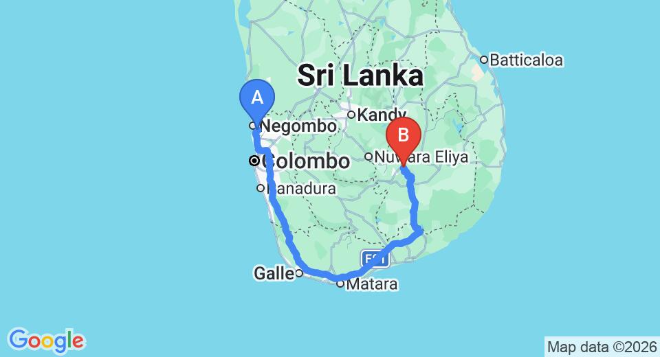 Driving route map: Colombo Airport (CMB) to Yoho Little Rose Inn, Ella (335 km, approx 4 h 56 min private transfer)