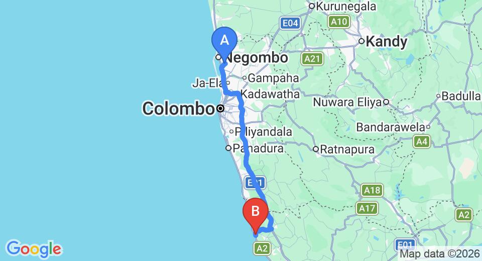 Driving route map: Colombo Airport (CMB) to Lanka Masks, Ambalangoda (130 km, approx 1 h 59 min private transfer)