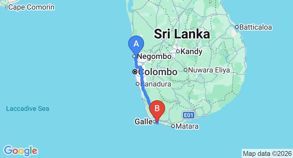 Driving route map: Colombo Airport (CMB) to Avinka Villa, Unawatuna (154 km, approx 2 h 11 min private transfer)