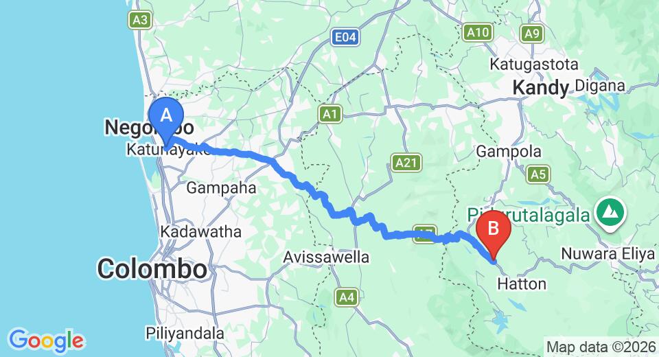 Driving route map: Colombo Airport (CMB) to Tea Garden Hotel, Watawala (105 km, approx 3 h 12 min private transfer)