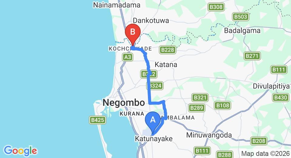 Driving route map: Colombo Airport (CMB) to Ranowell Hotel, Negombo (16 km, approx 34 min private transfer)