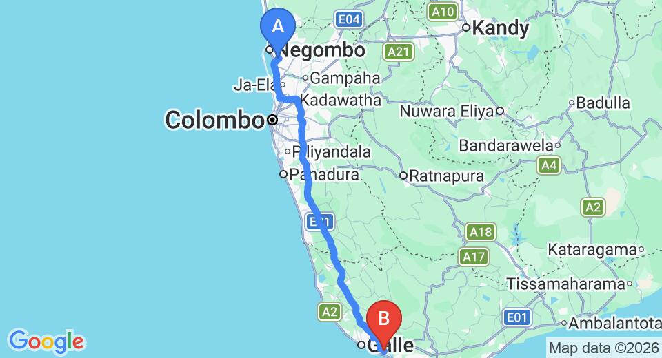 Driving route map: Colombo Airport (CMB) to Sri Mathie Villa, Habaraduwa (156 km, approx 2 h 17 min private transfer)