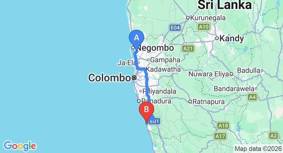 Driving route map: Colombo Airport (CMB) to Villa Velmarie Yoga and Ayurveda House, Beruwala (96 km, approx 1 h 36 min private transfer)
