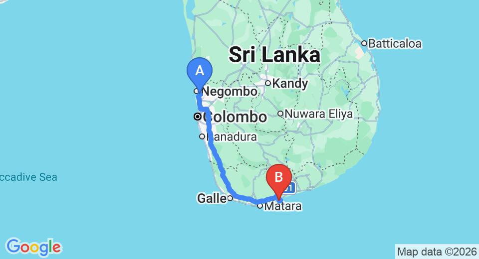 Driving route map: Colombo Airport (CMB) to Kadju House, Tangalle (213 km, approx 2 h 54 min private transfer)