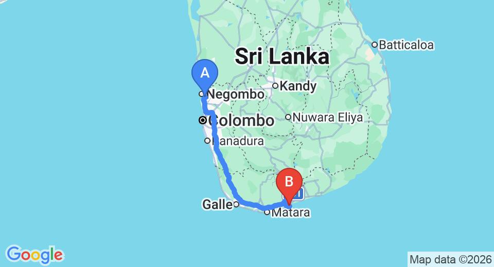Driving route map: Colombo Airport (CMB) to Peace Haven, Tangalle (213 km, approx 2 h 55 min private transfer)