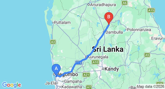Driving route map: Colombo Airport (CMB) to Pinthaliya Resort and Spa, Sigiriya (145 km, approx 3 h 6 min private transfer)