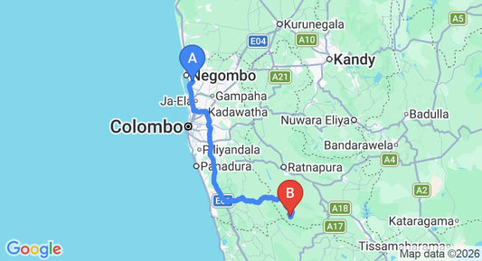 Driving route map: Colombo Airport (CMB) to Sinharaja (151 km, approx 2 h 59 min private transfer)