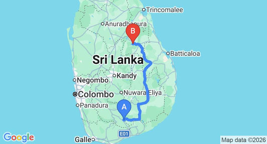 Driving route map: Udawalawe to Polonnaruwa (264 km, approx 5 h 16 min private transfer)