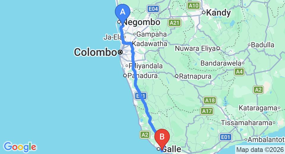 Driving route map: Colombo Airport (CMB) to Ivory Villa, Unawatuna (152 km, approx 2 h 6 min private transfer)