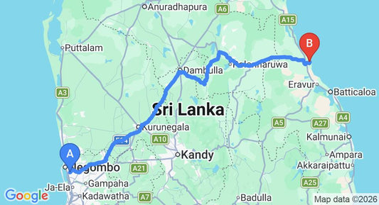 Driving route map: Colombo Airport (CMB) to Anantaya Pasekudah, Pasikuda (265 km, approx 5 h 27 min private transfer)