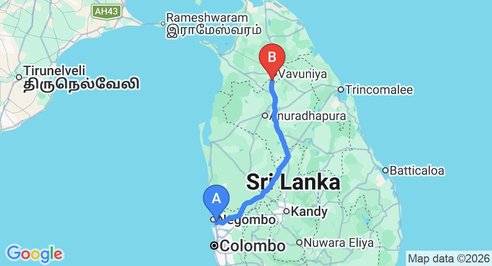 Driving route map: Colombo Airport (CMB) to Boo Oya Nature Resort, Medawachchiya (225 km, approx 4 h 32 min private transfer)