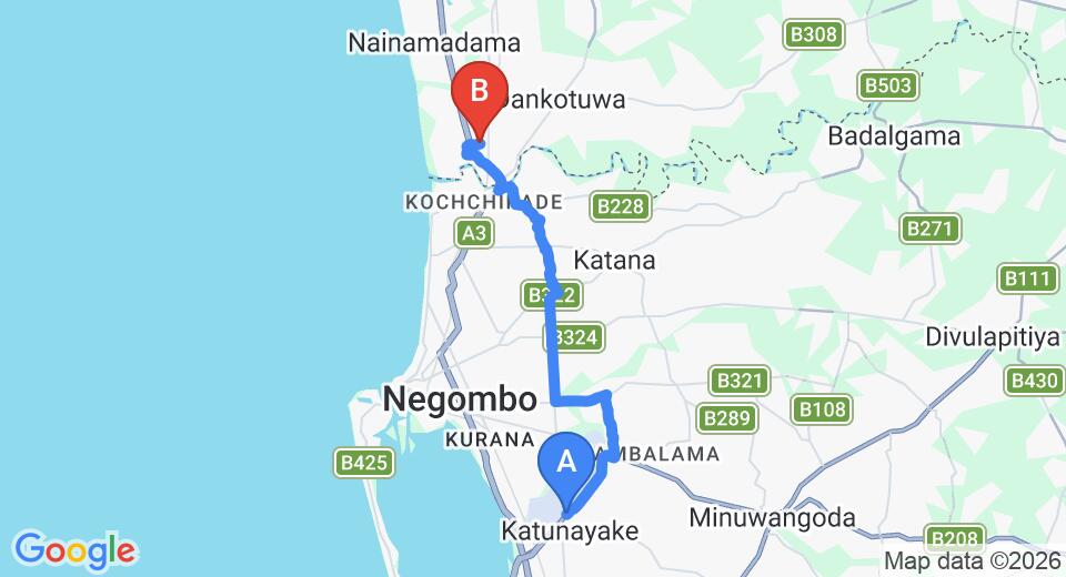 Driving route map: Colombo Airport (CMB) to Jetwing Seashells Hotel, Waikkal (18 km, approx 40 min private transfer)