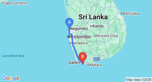 Driving route map: Colombo Airport (CMB) to The Chalet, Galle (165 km, approx 2 h 19 min private transfer)