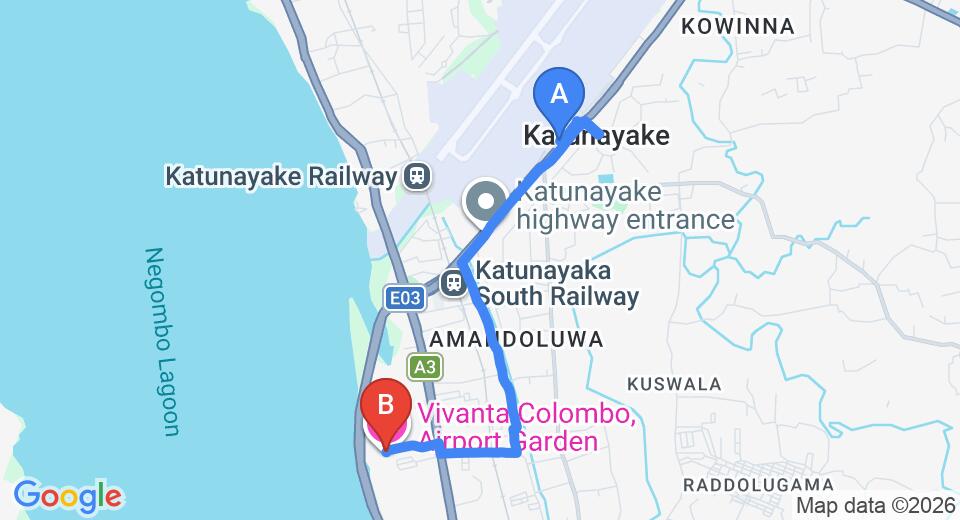 Driving route map: Colombo Airport (CMB) to Gateway Airport Garden Hotel, Katunayake (6 km, approx 16 min private transfer)