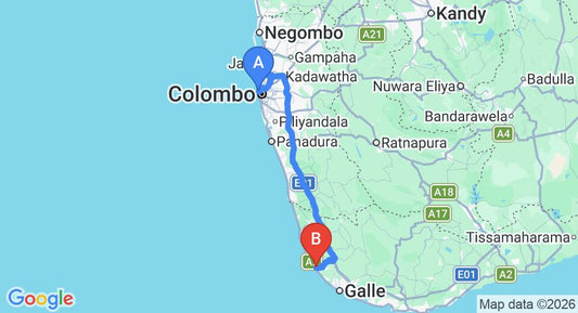 Driving route map: Colombo Seaport to Hikkaduwa (137 km, approx 2 h 1 min private transfer)